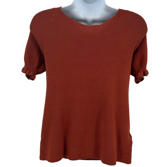 Loft Blouse Top WMNS L Ribbed Knit Rust Orange Ruffled Short Sleeve Square Neck - Picture 4 of 6